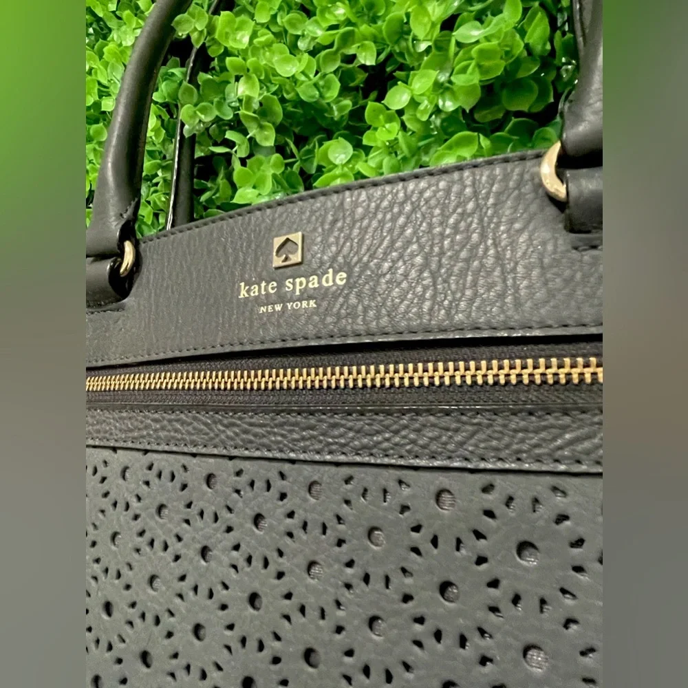 KATE SPADE Lynne Perri Lane Shoulder Bag Floral Perforated Leather Asphalt Blue